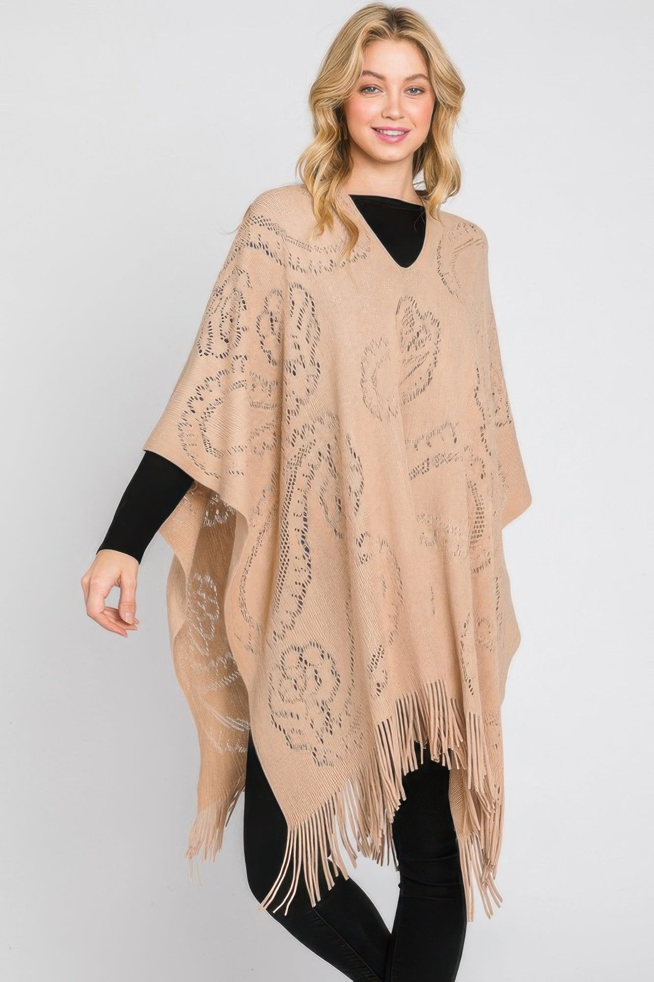 Paisley Pattern Fringe Poncho - Tigbul's Variety Fashion Shop