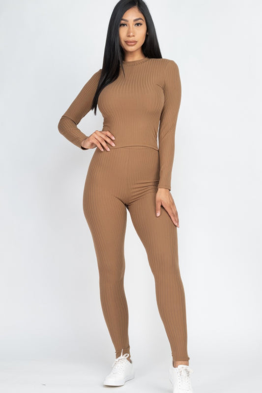 Ribbed Mock Neck Long Sleeve Top & Leggings Set - Tigbul's Variety Fashion Shop