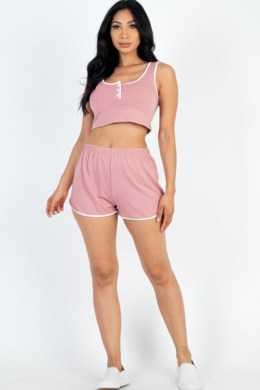Casual French Terry Sleeveless Button Front Contrast Trim Cropped Tank Top And Shorts Set - Tigbul's Variety Fashion Shop