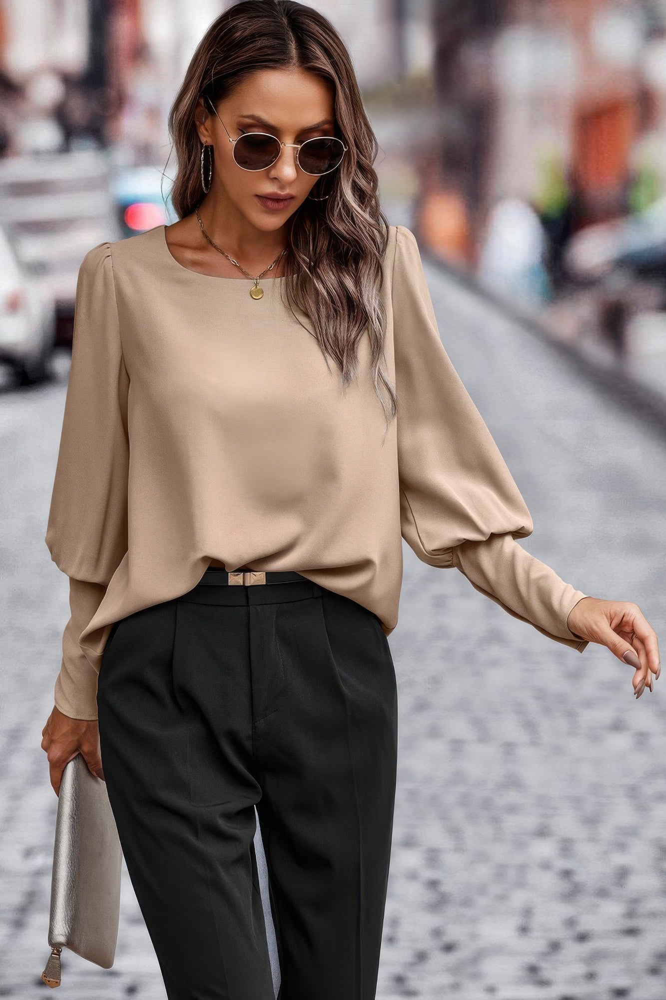 Crew Neck Solid Leg Of Mutton Sleeve Shirt - Tigbul's Variety Fashion Shop
