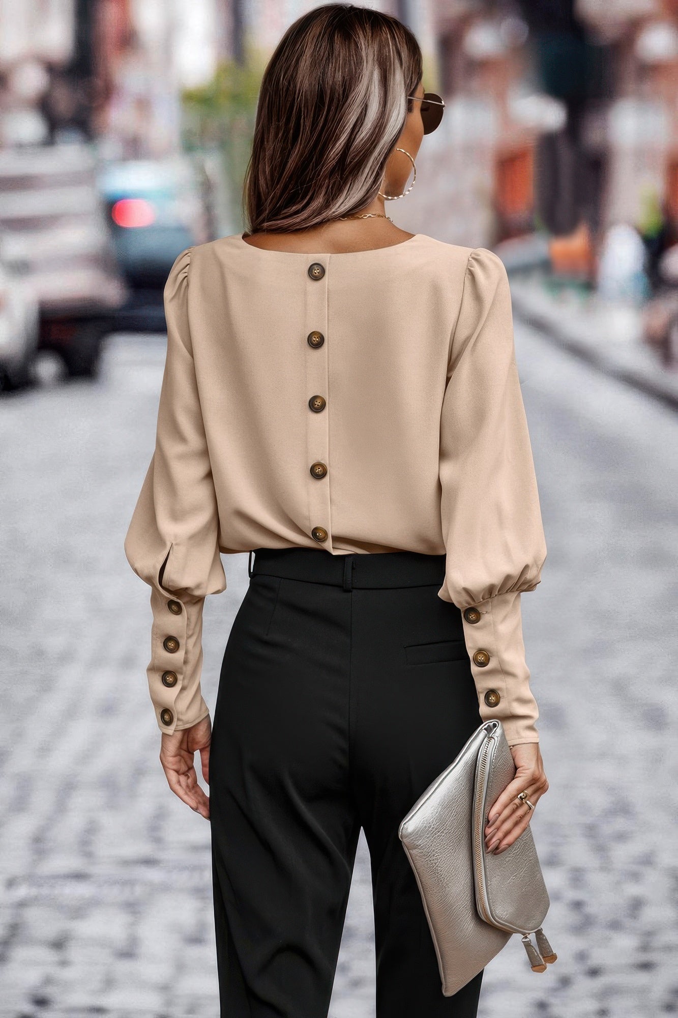 Crew Neck Solid Leg Of Mutton Sleeve Shirt - Tigbul's Variety Fashion Shop