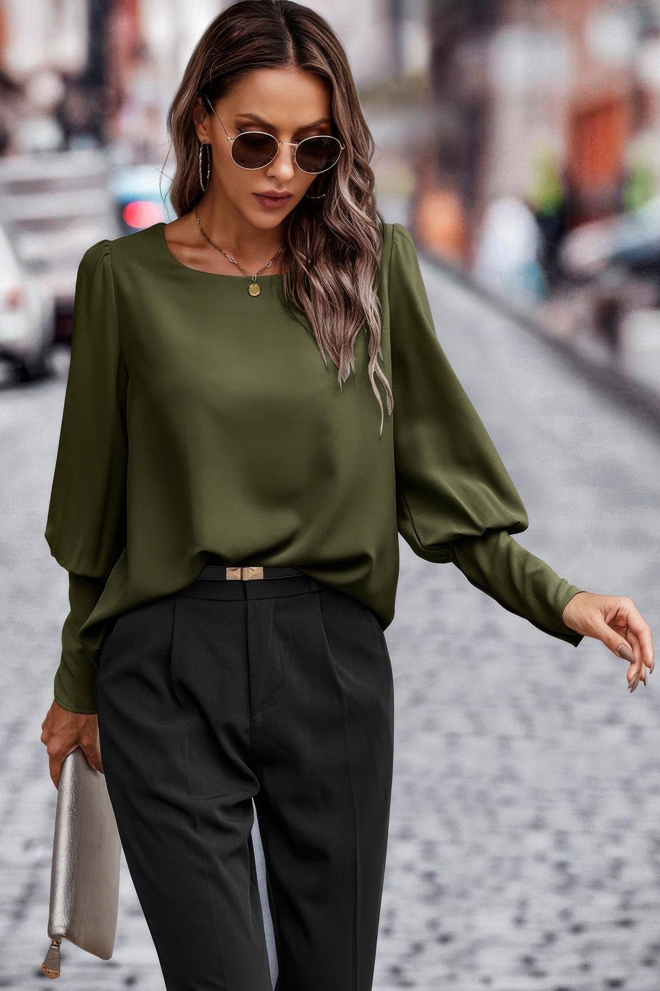 Crew Neck Solid Leg Of Mutton Sleeve Shirt - Tigbul's Variety Fashion Shop