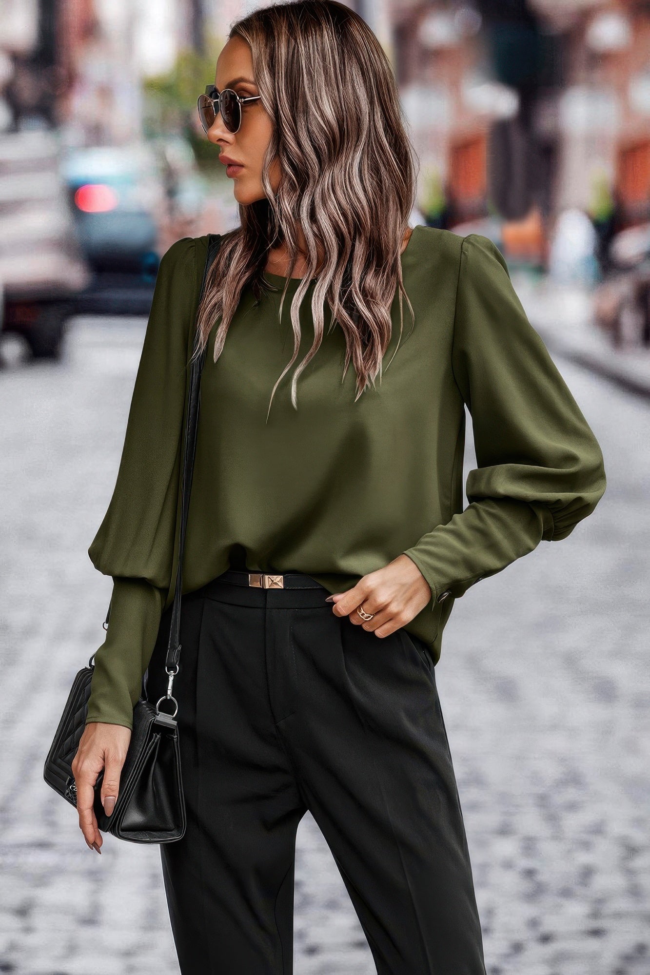 Crew Neck Solid Leg Of Mutton Sleeve Shirt - Tigbul's Variety Fashion Shop