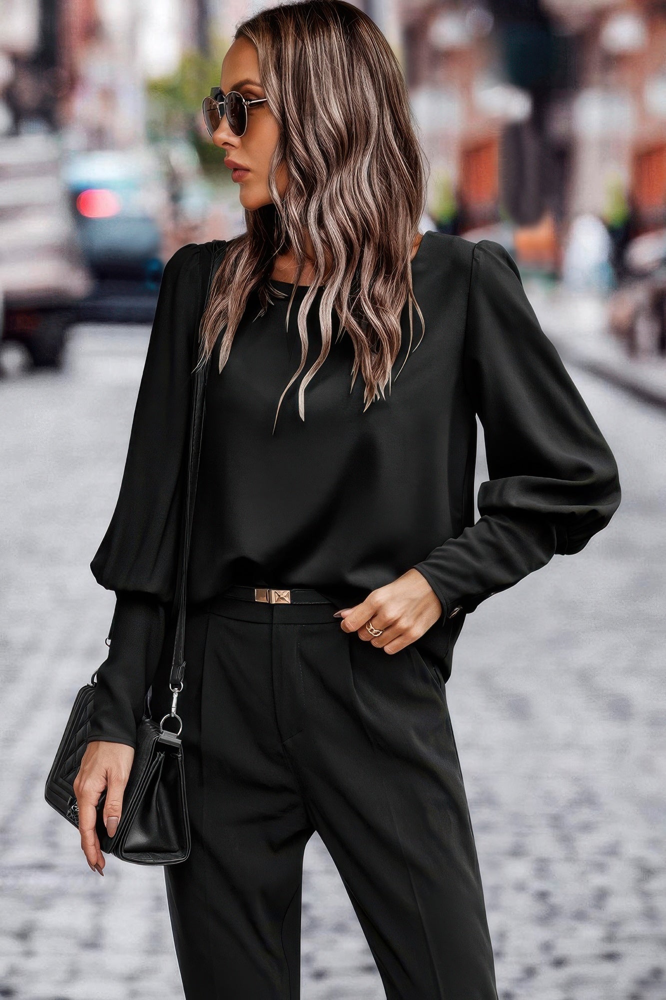 Crew Neck Solid Leg Of Mutton Sleeve Shirt - Tigbul's Variety Fashion Shop