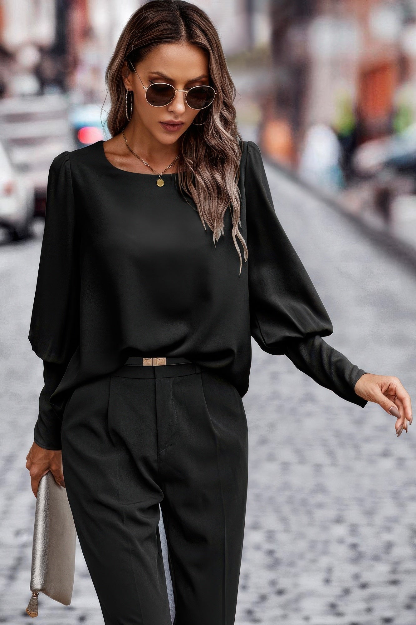 Crew Neck Solid Leg Of Mutton Sleeve Shirt - Tigbul's Variety Fashion Shop