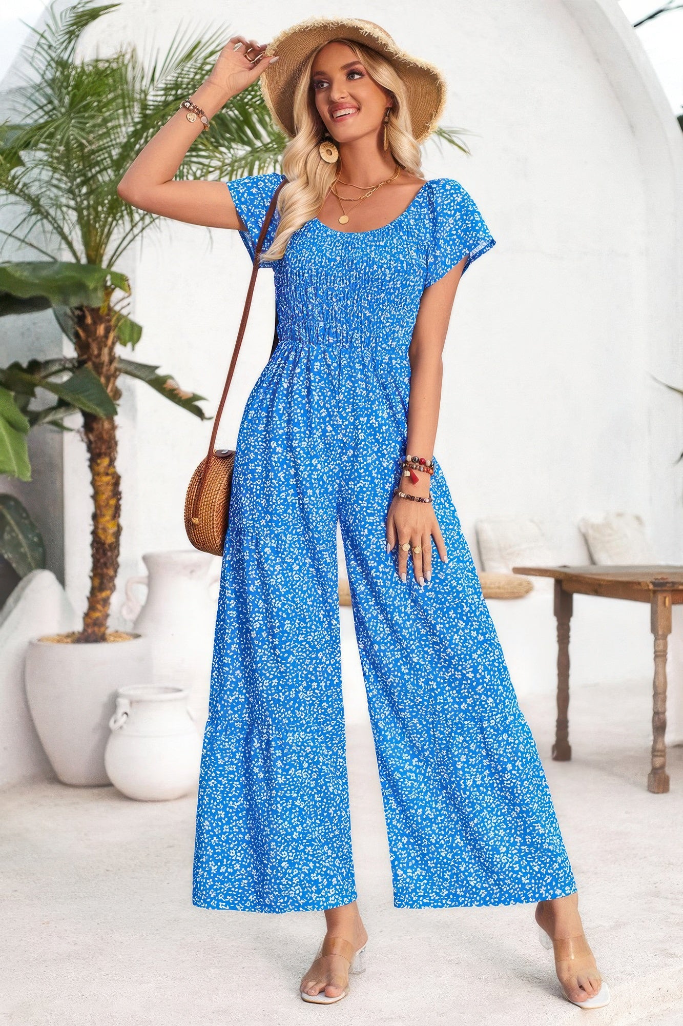 Square Neck Ruched Dot Print Wide Leg Jumpsuit - Tigbul's Variety Fashion Shop