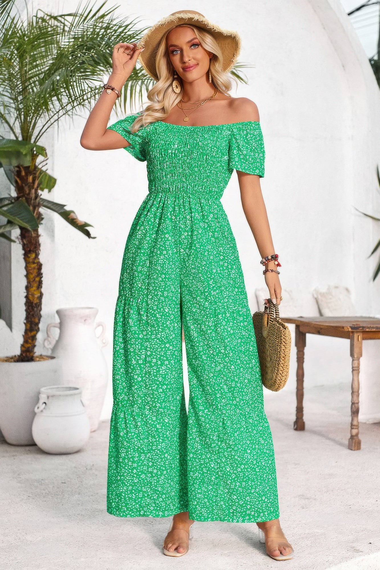 Square Neck Ruched Dot Print Wide Leg Jumpsuit - Tigbul's Variety Fashion Shop
