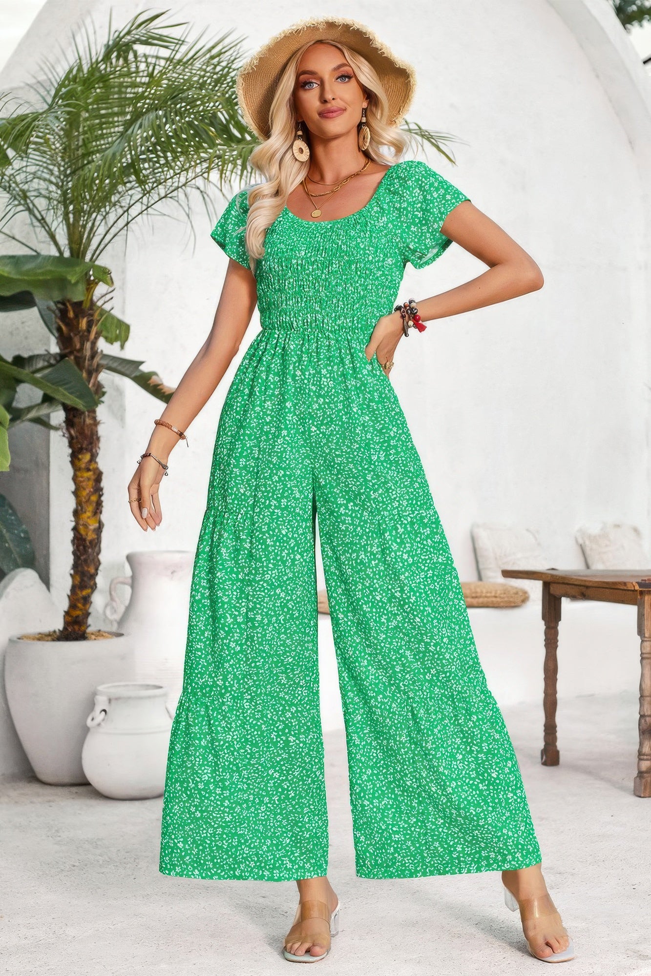 Square Neck Ruched Dot Print Wide Leg Jumpsuit - Tigbul's Variety Fashion Shop