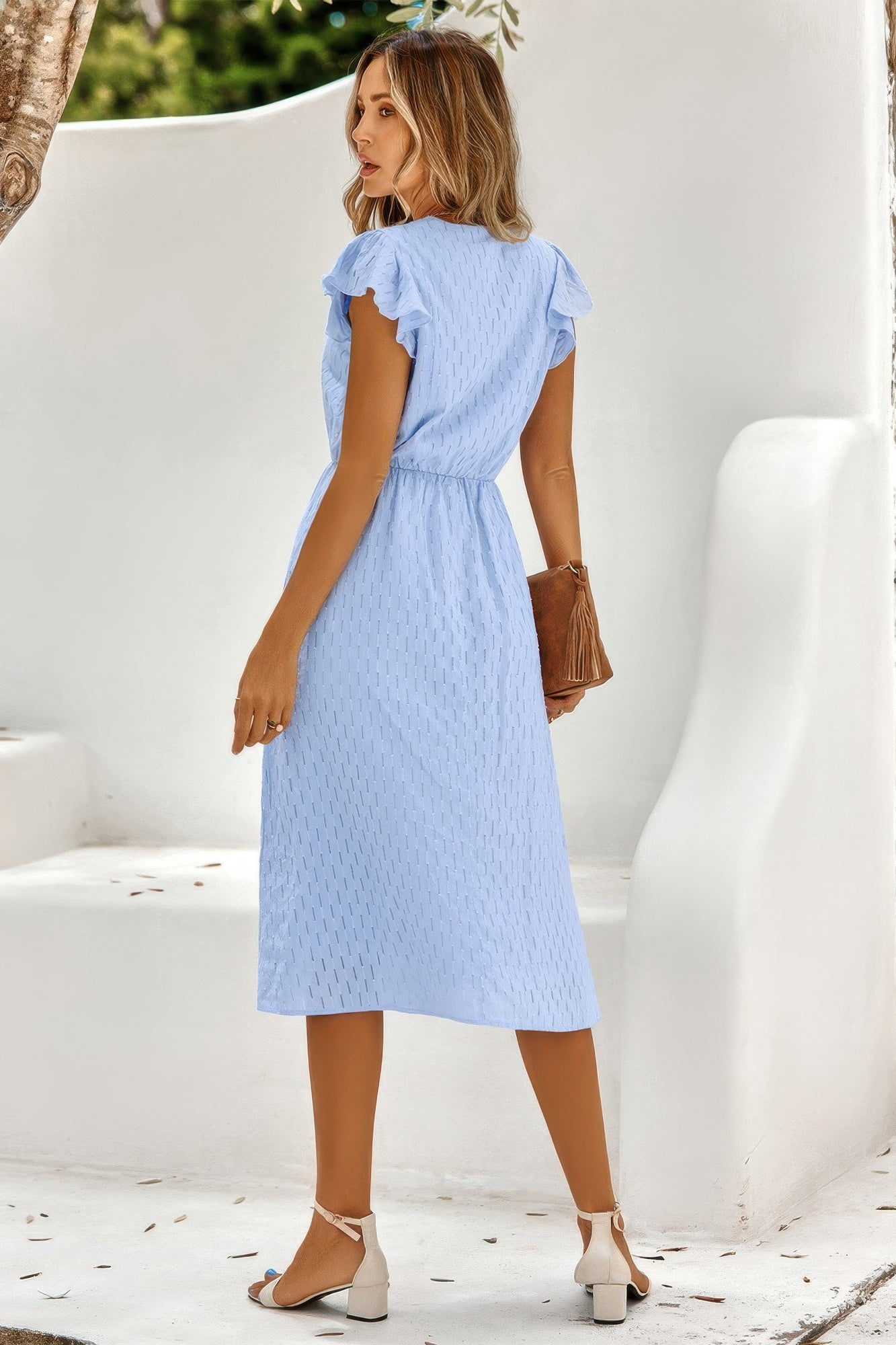 V Neck Short Sleeve Solid Ruffle A Line Midi Dress - Tigbul's Variety Fashion Shop