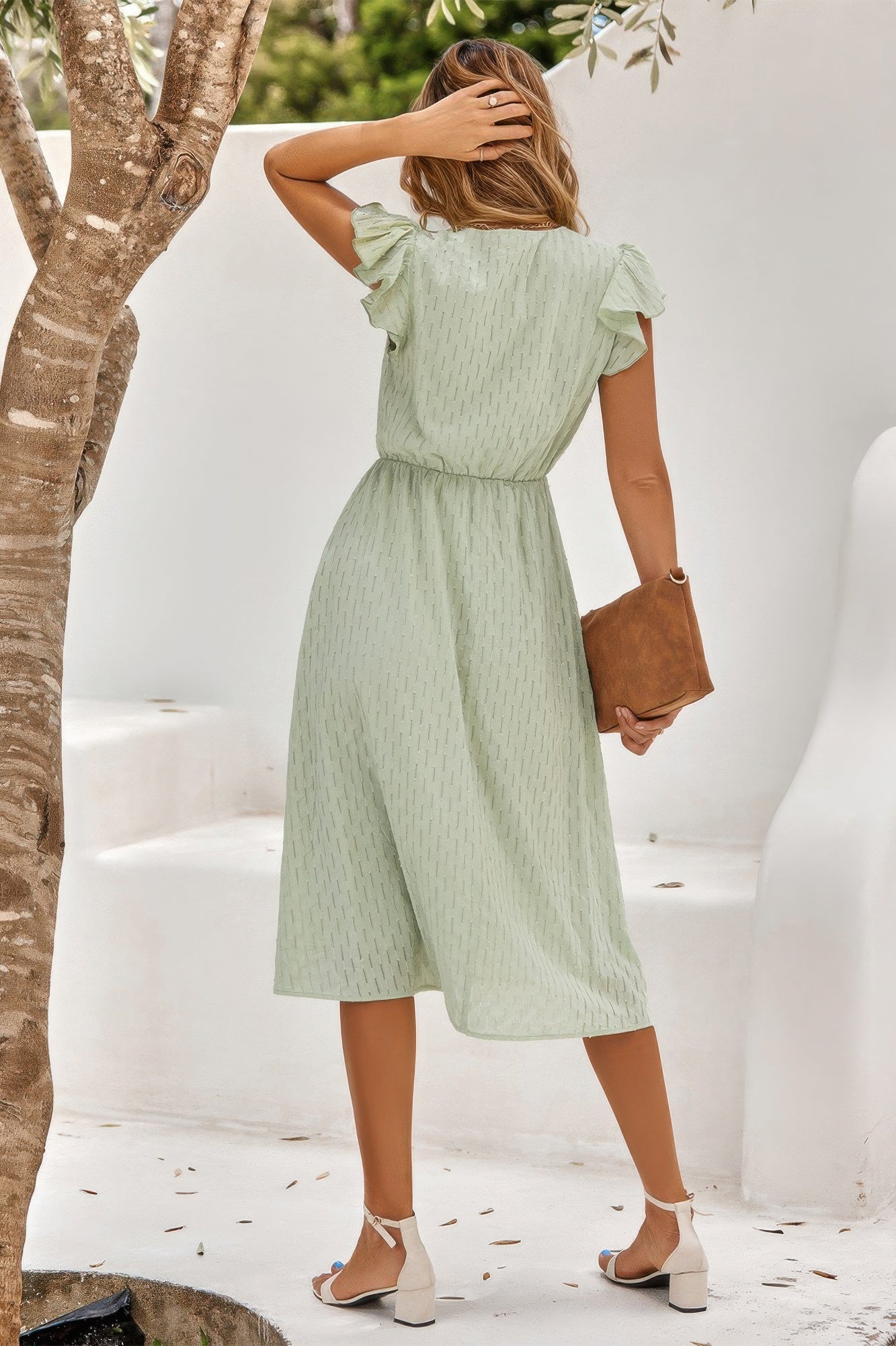 V Neck Short Sleeve Solid Ruffle A Line Midi Dress - Tigbul's Variety Fashion Shop