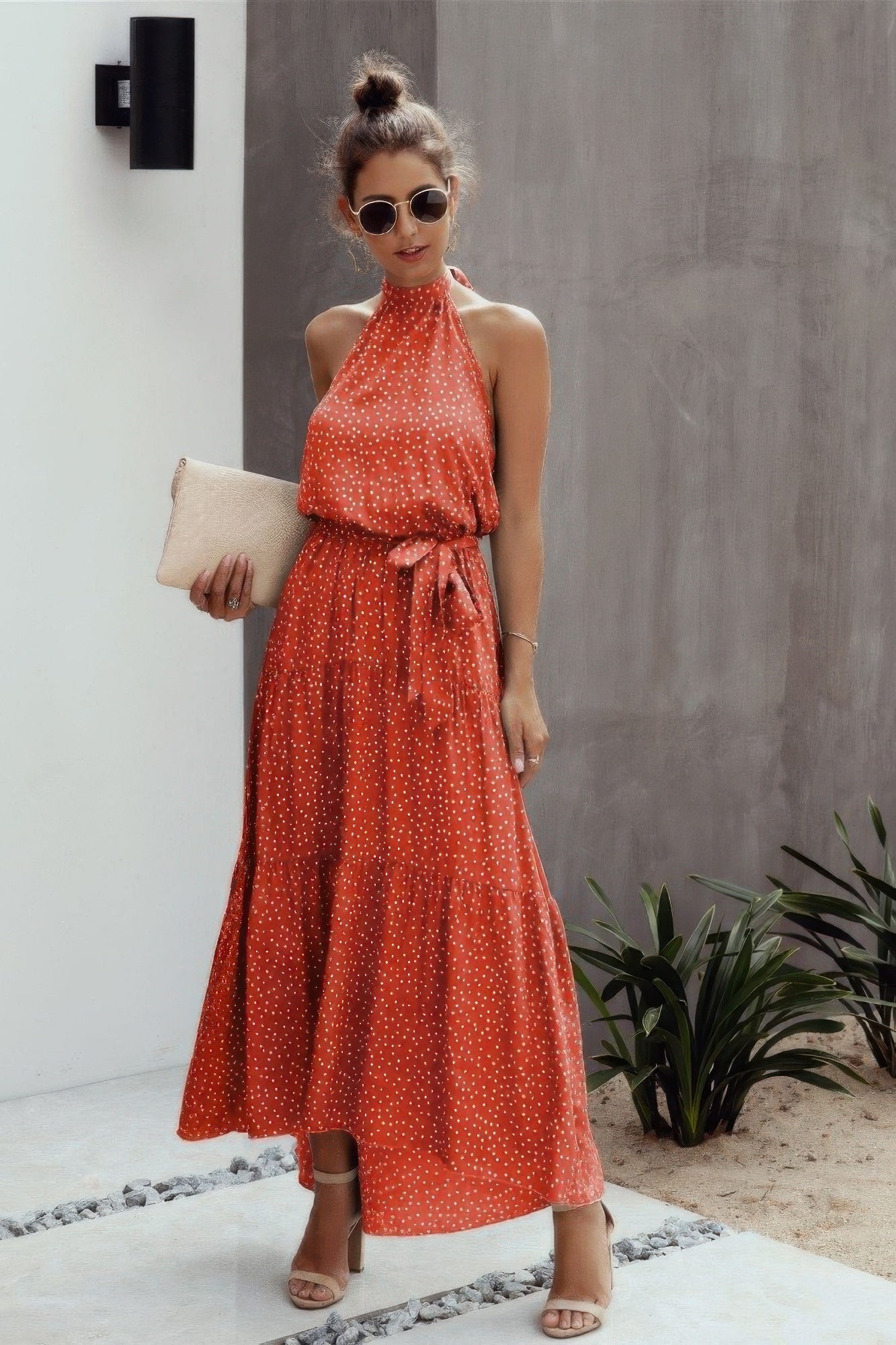 Tie Back Polka Dot Ruffle Hem Halter Dress - Tigbul's Variety Fashion Shop