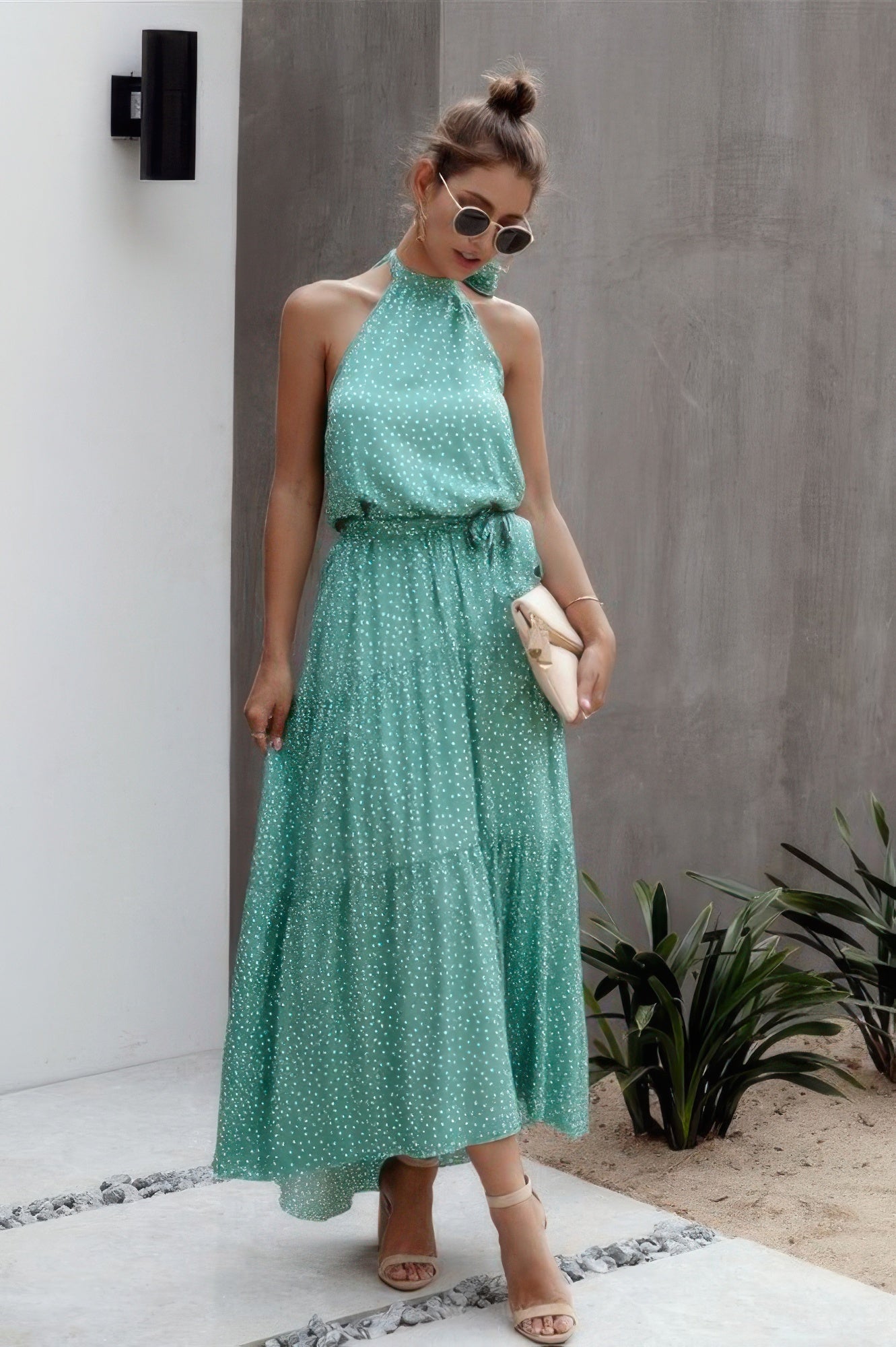 Tie Back Polka Dot Ruffle Hem Halter Dress - Tigbul's Variety Fashion Shop