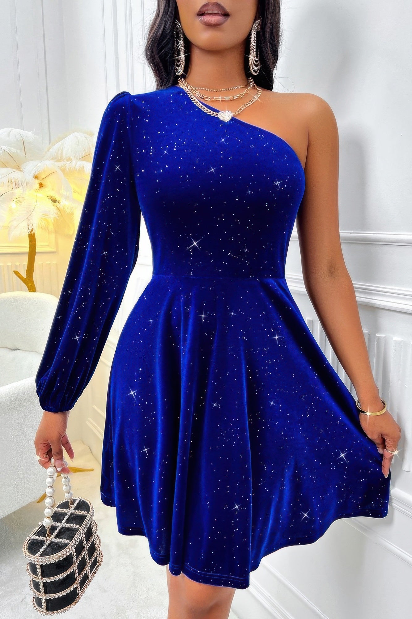 One Shoulder Velvet Lantern Sleeve Cinched Dress - Tigbul's Variety Fashion Shop