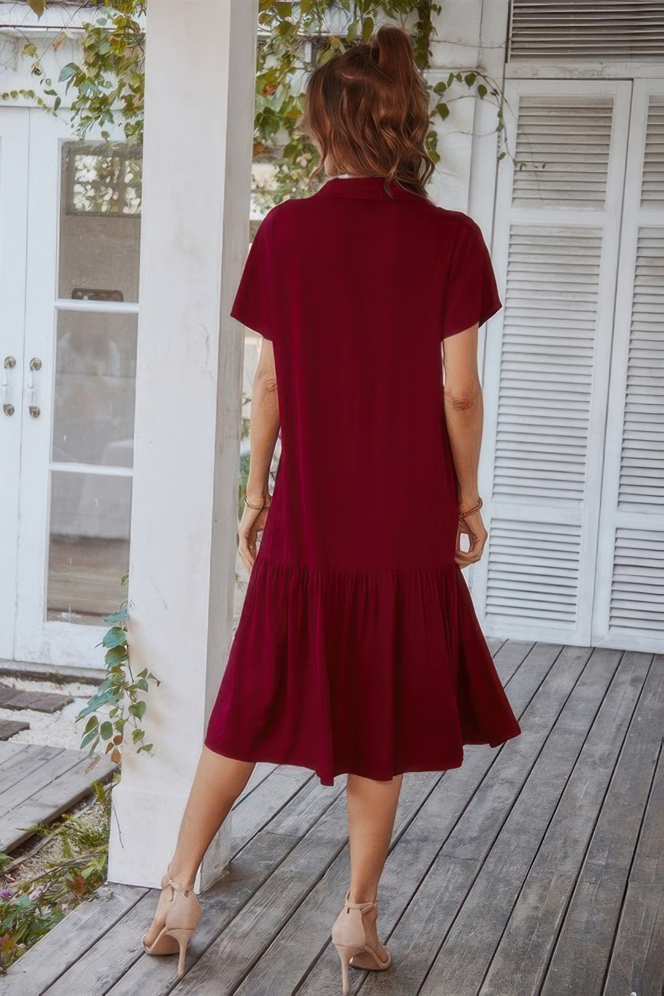 V Neck Short Dress Solid Midi Dress - Tigbul's Variety Fashion Shop