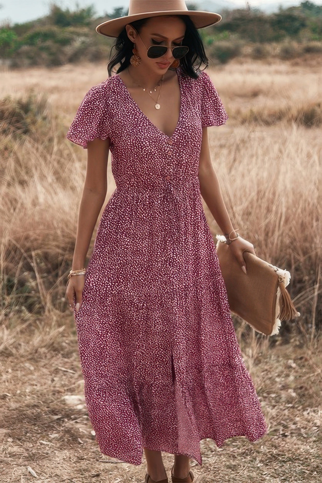 V Neck Polka Dot Short Sleeve Dress - Tigbul's Variety Fashion Shop