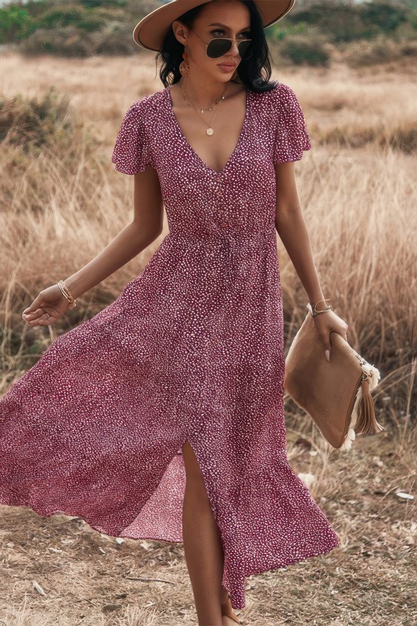 V Neck Polka Dot Short Sleeve Dress - Tigbul's Variety Fashion Shop