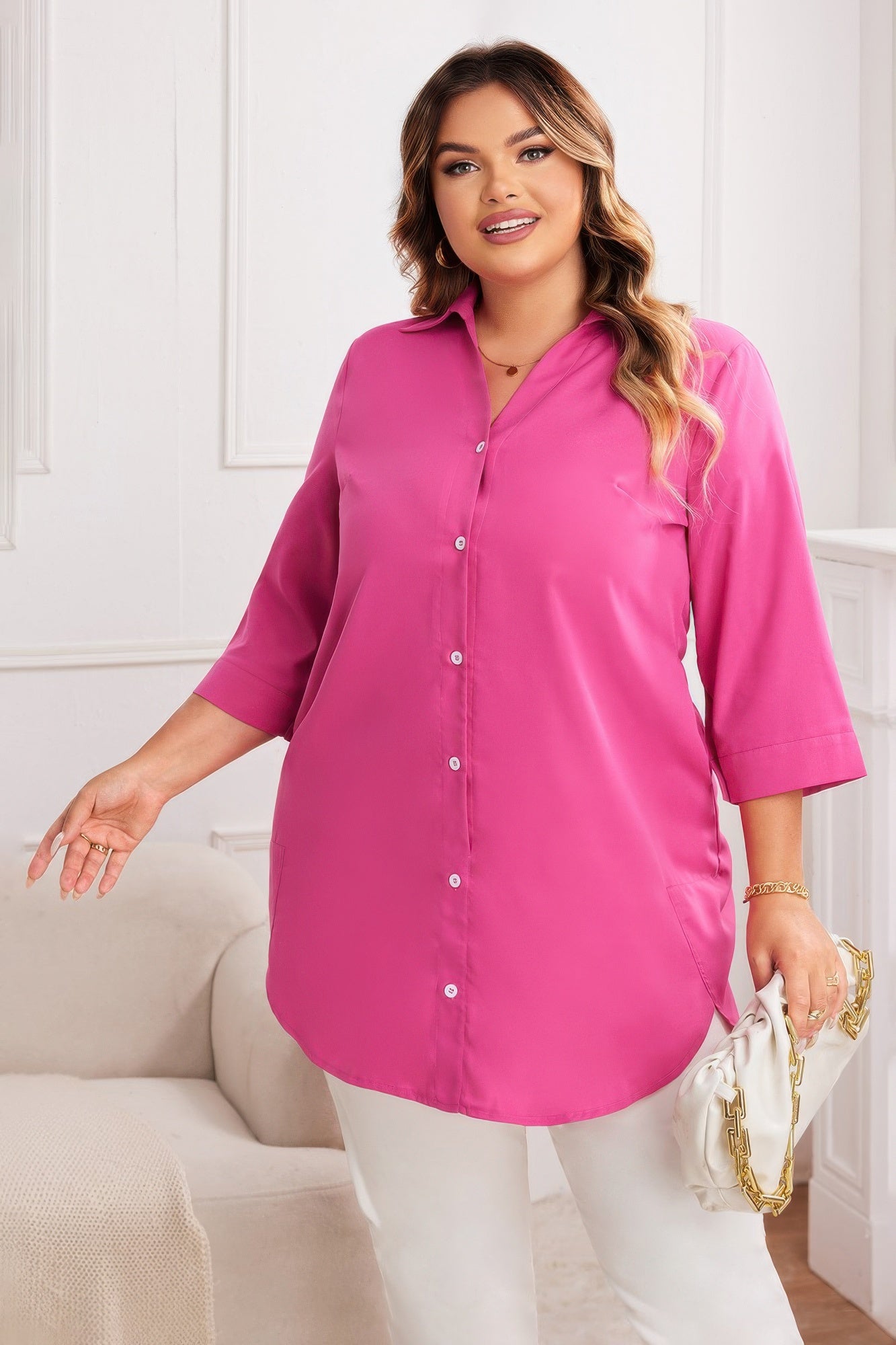 Plus A Line Button Loose Fit Pockets Solid Dress - Tigbul's Variety Fashion Shop