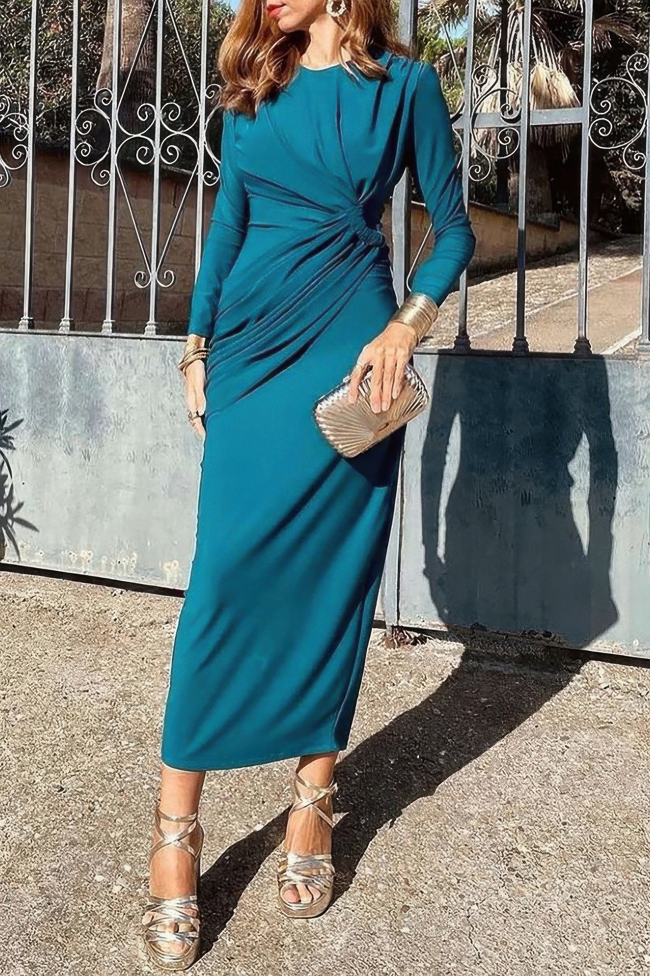 Elegant Round Neck Solid Ruched Wrap Hem Dress - Tigbul's Variety Fashion Shop