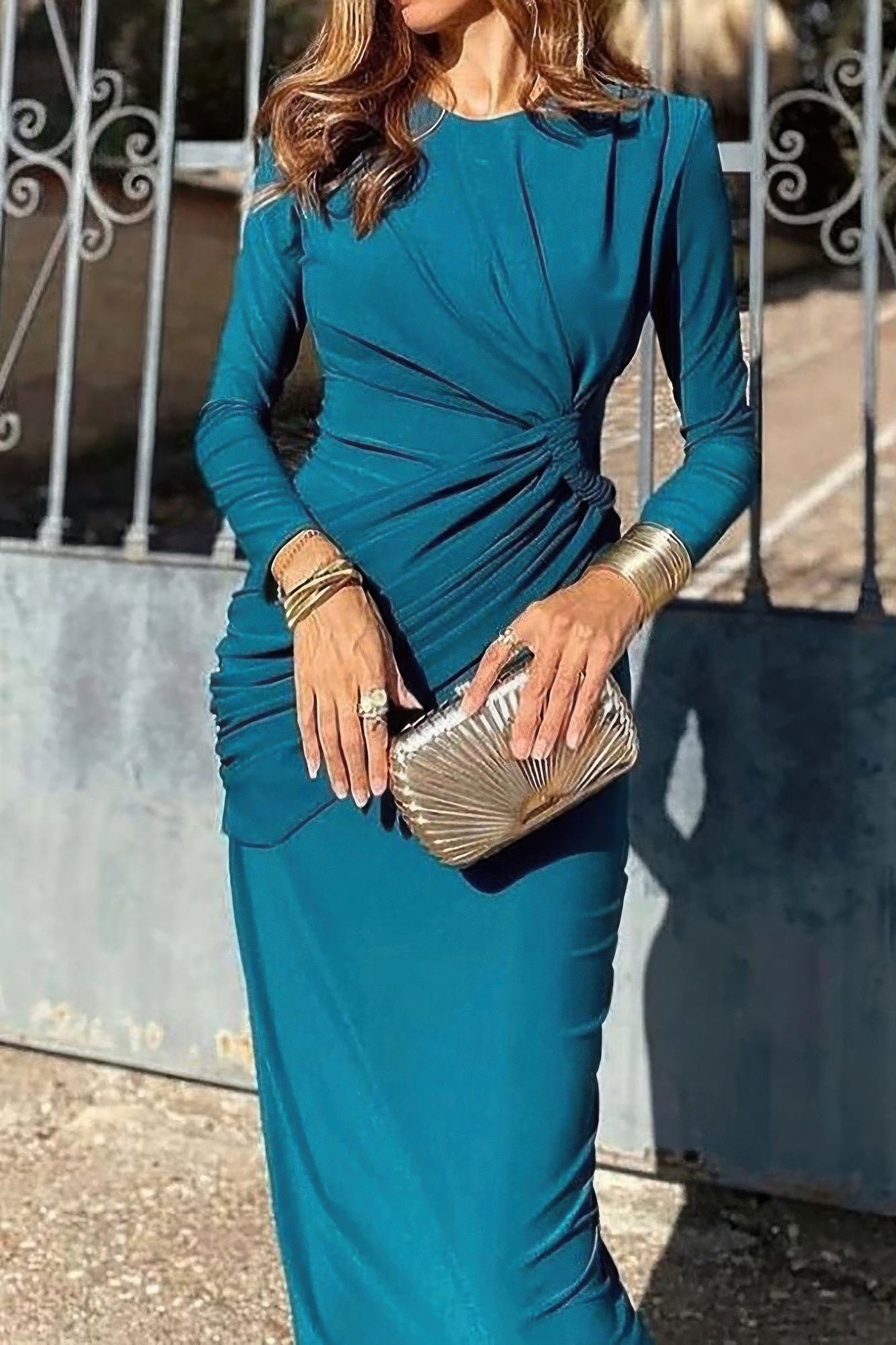 Elegant Round Neck Solid Ruched Wrap Hem Dress - Tigbul's Variety Fashion Shop