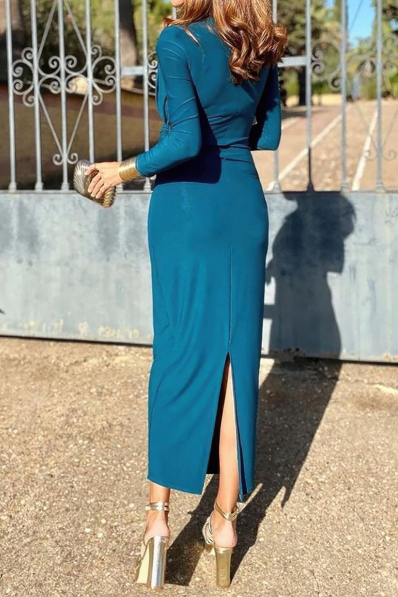 Elegant Round Neck Solid Ruched Wrap Hem Dress - Tigbul's Variety Fashion Shop