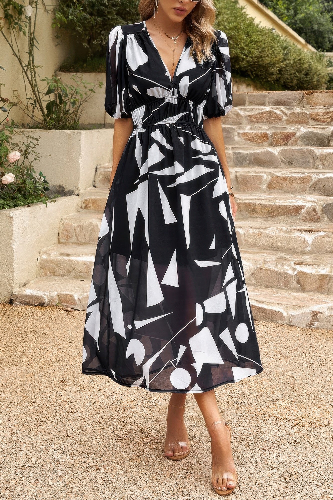 Bohemian V Neck Elastic Waisted Band Midi Dress - Tigbul's Variety Fashion Shop