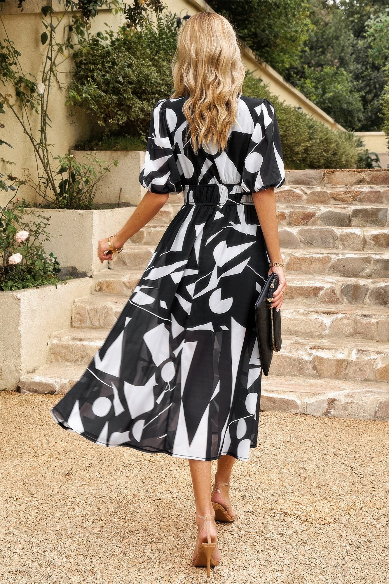 Bohemian V Neck Elastic Waisted Band Midi Dress - Tigbul's Variety Fashion Shop