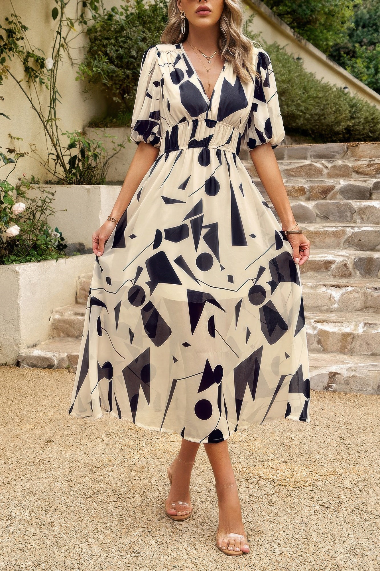 Bohemian V Neck Elastic Waisted Band Midi Dress - Tigbul's Variety Fashion Shop