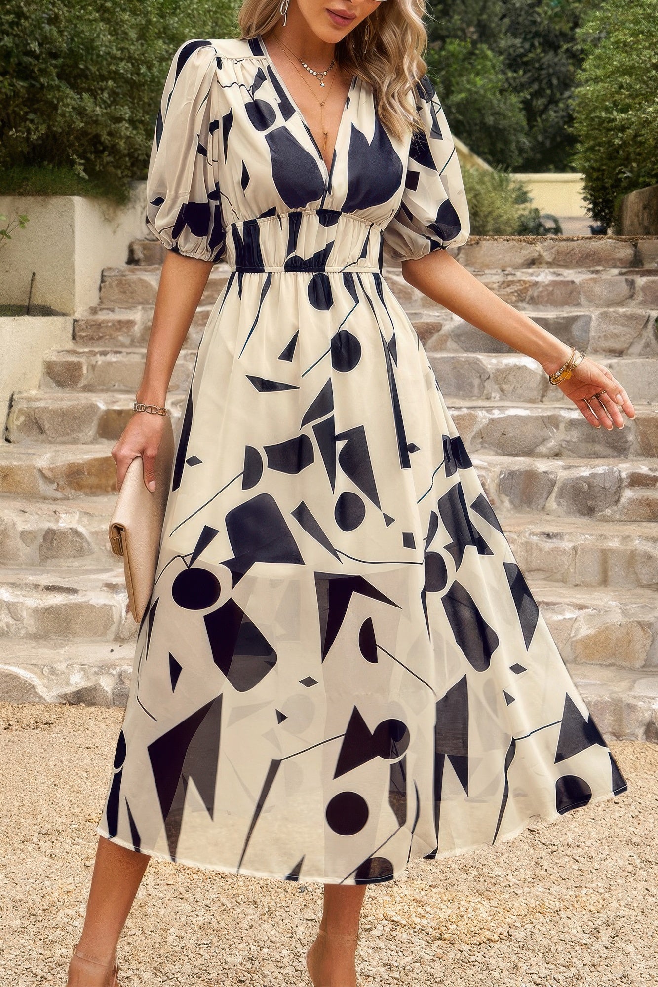 Bohemian V Neck Elastic Waisted Band Midi Dress - Tigbul's Variety Fashion Shop