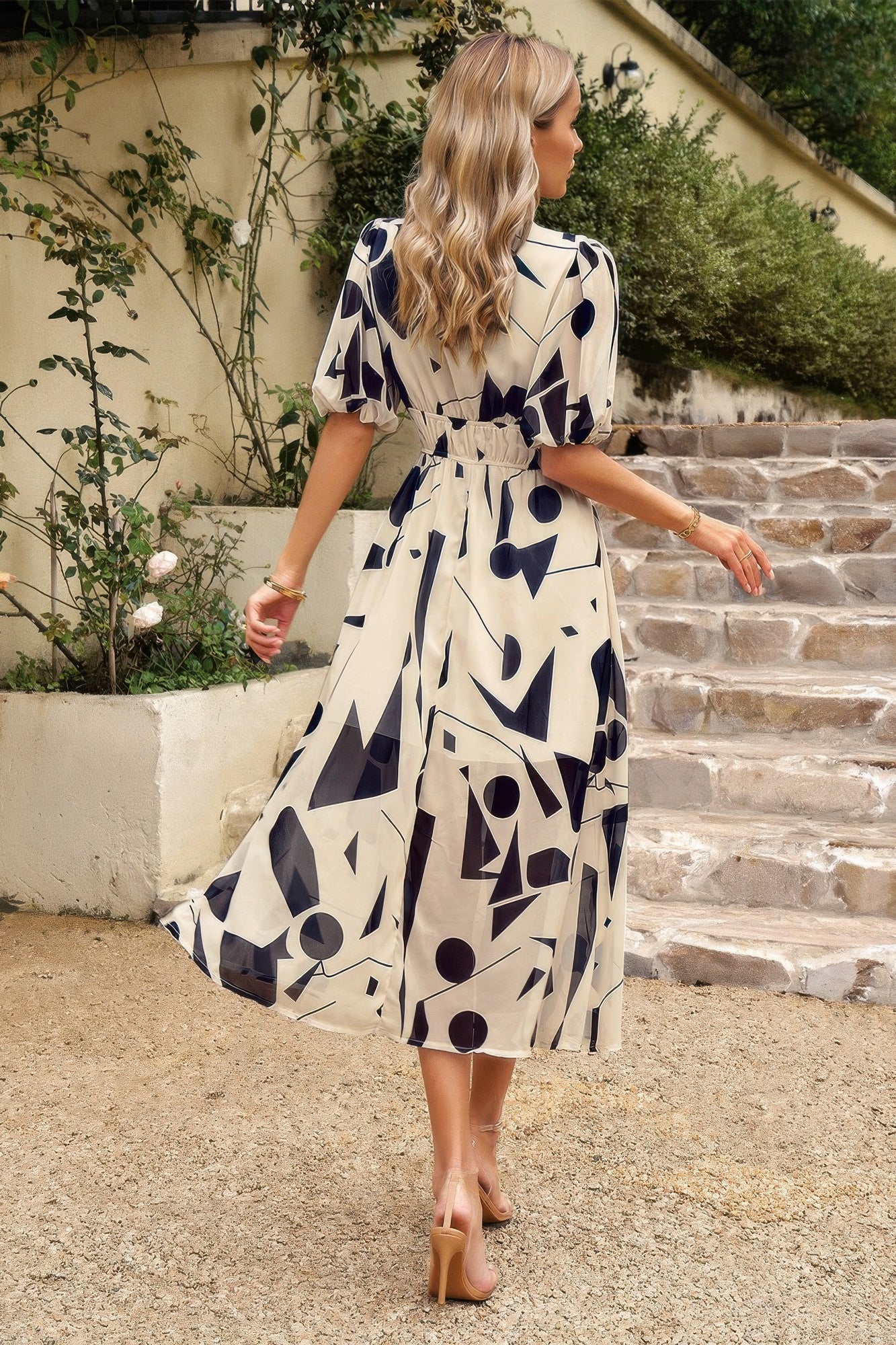 Bohemian V Neck Elastic Waisted Band Midi Dress - Tigbul's Variety Fashion Shop