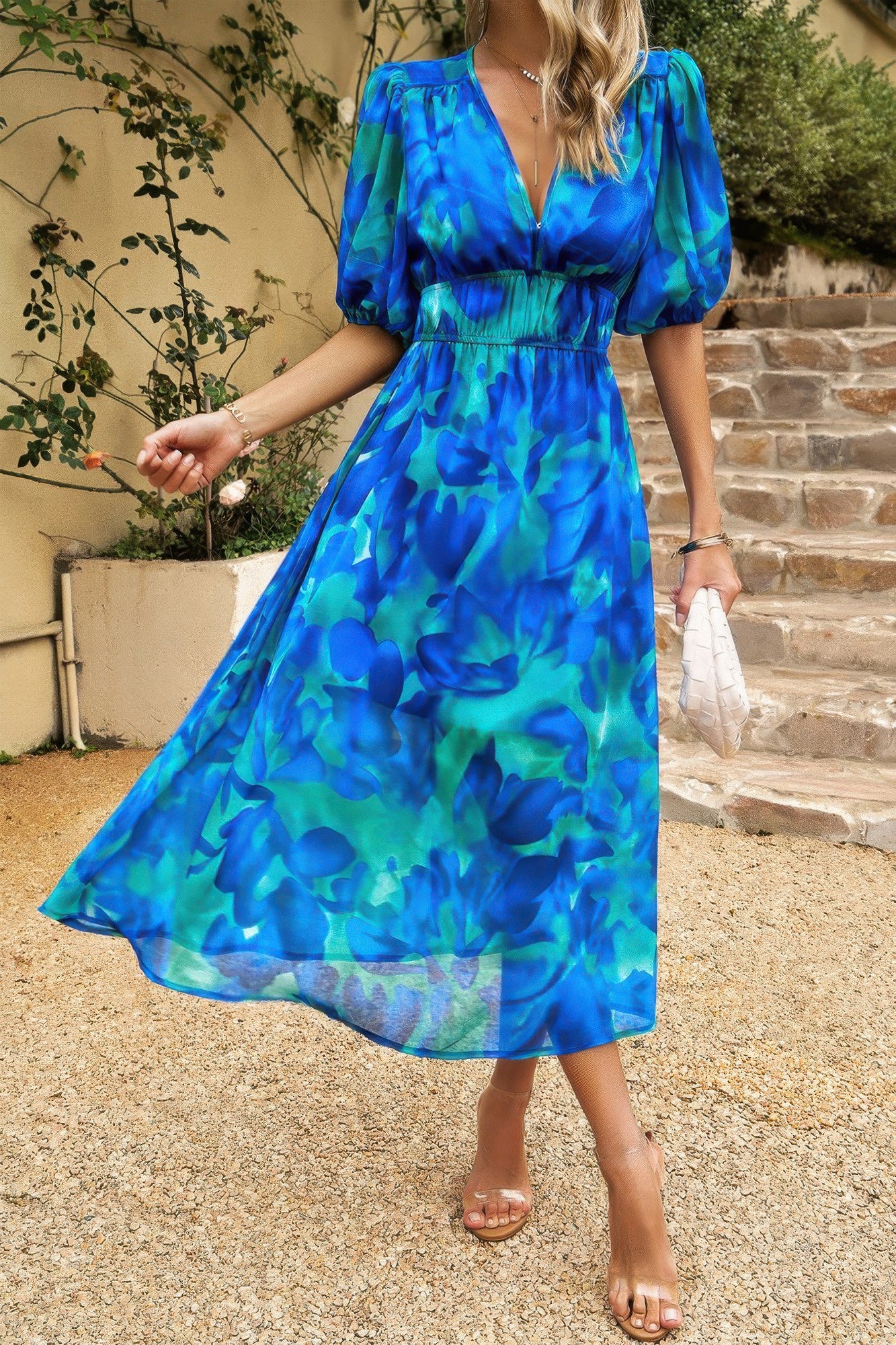 Bohemian V Neck Elastic Waisted Band Midi Dress - Tigbul's Variety Fashion Shop