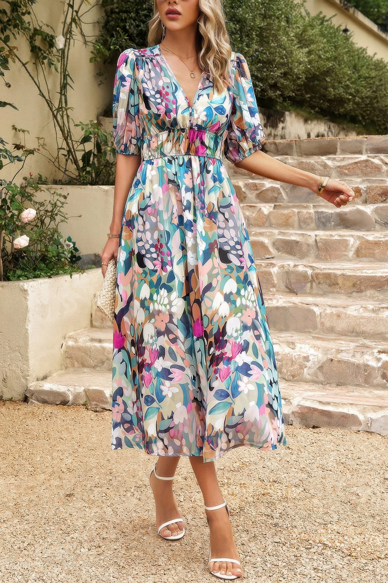 Bohemian V Neck Elastic Waisted Band Midi Dress - Tigbul's Variety Fashion Shop