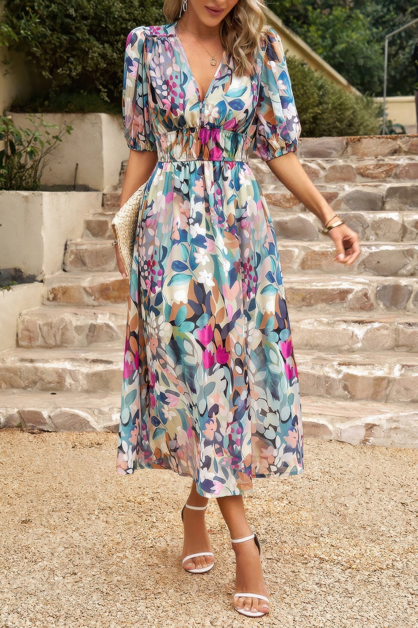 Bohemian V Neck Elastic Waisted Band Midi Dress - Tigbul's Variety Fashion Shop