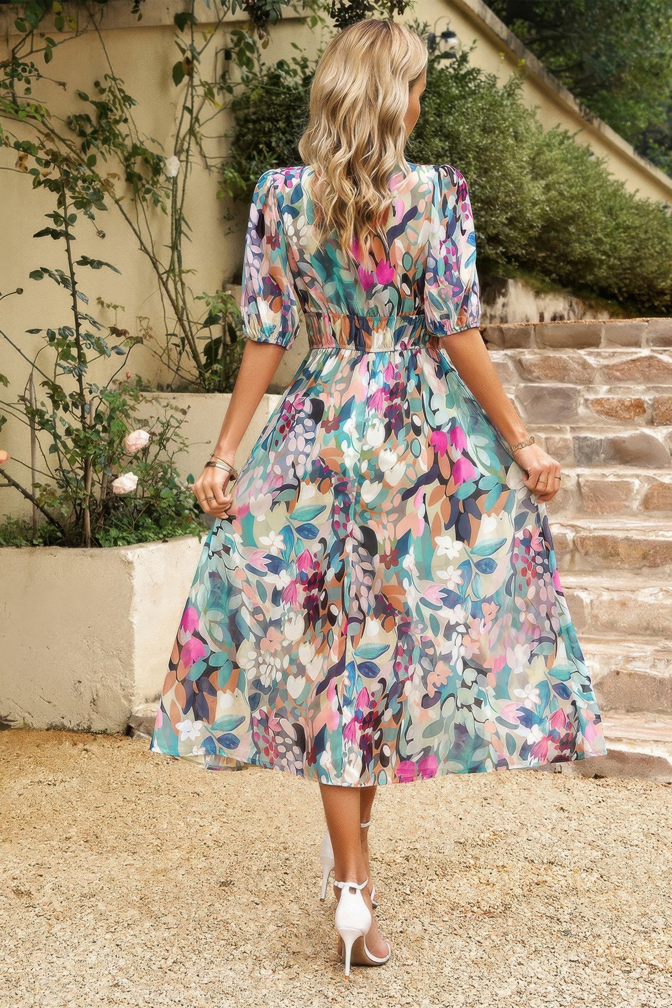 Bohemian V Neck Elastic Waisted Band Midi Dress - Tigbul's Variety Fashion Shop