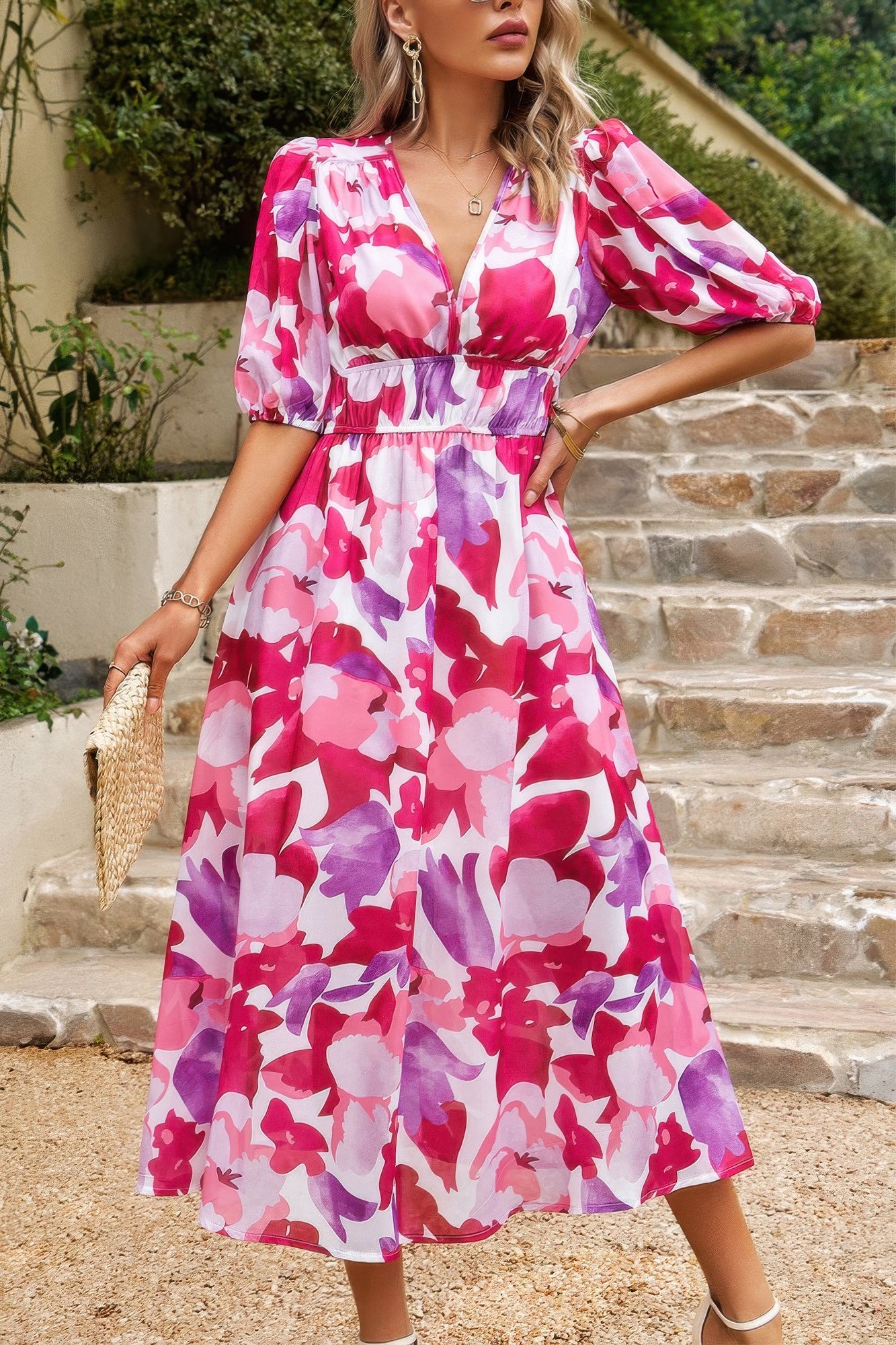 Bohemian V Neck Elastic Waisted Band Midi Dress - Tigbul's Variety Fashion Shop