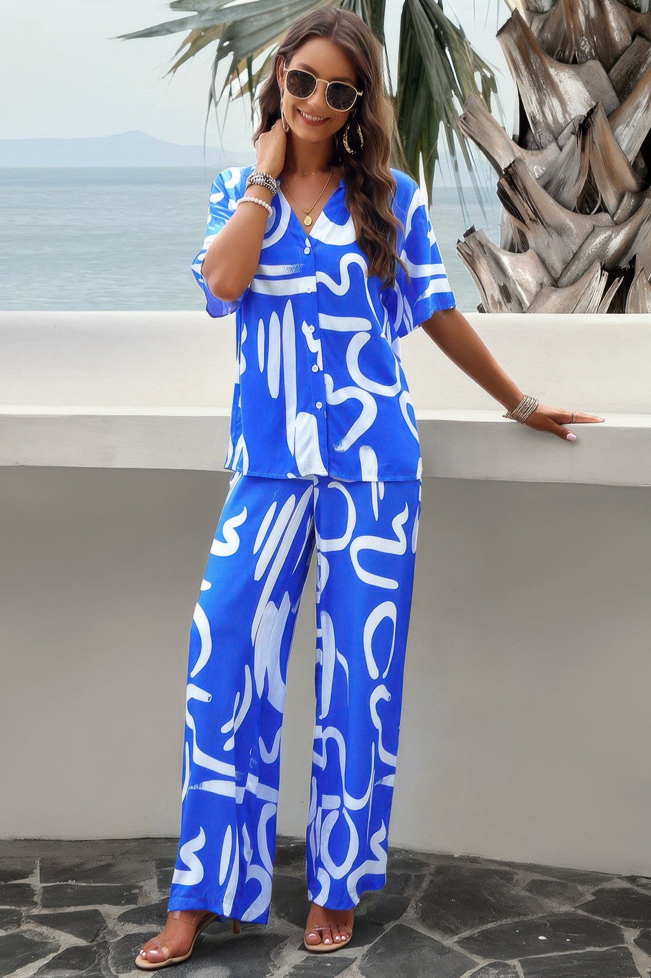 Two Piece Random Printed Short Sleeve Fit Set - Tigbul's Variety Fashion Shop