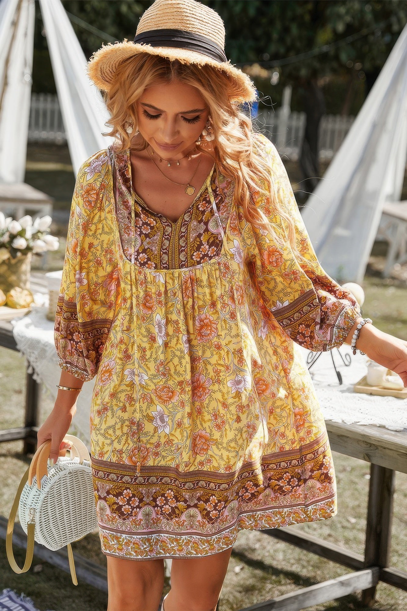 Floral V Neck Long Sleeve Boho A Line Dress - Tigbul's Variety Fashion Shop