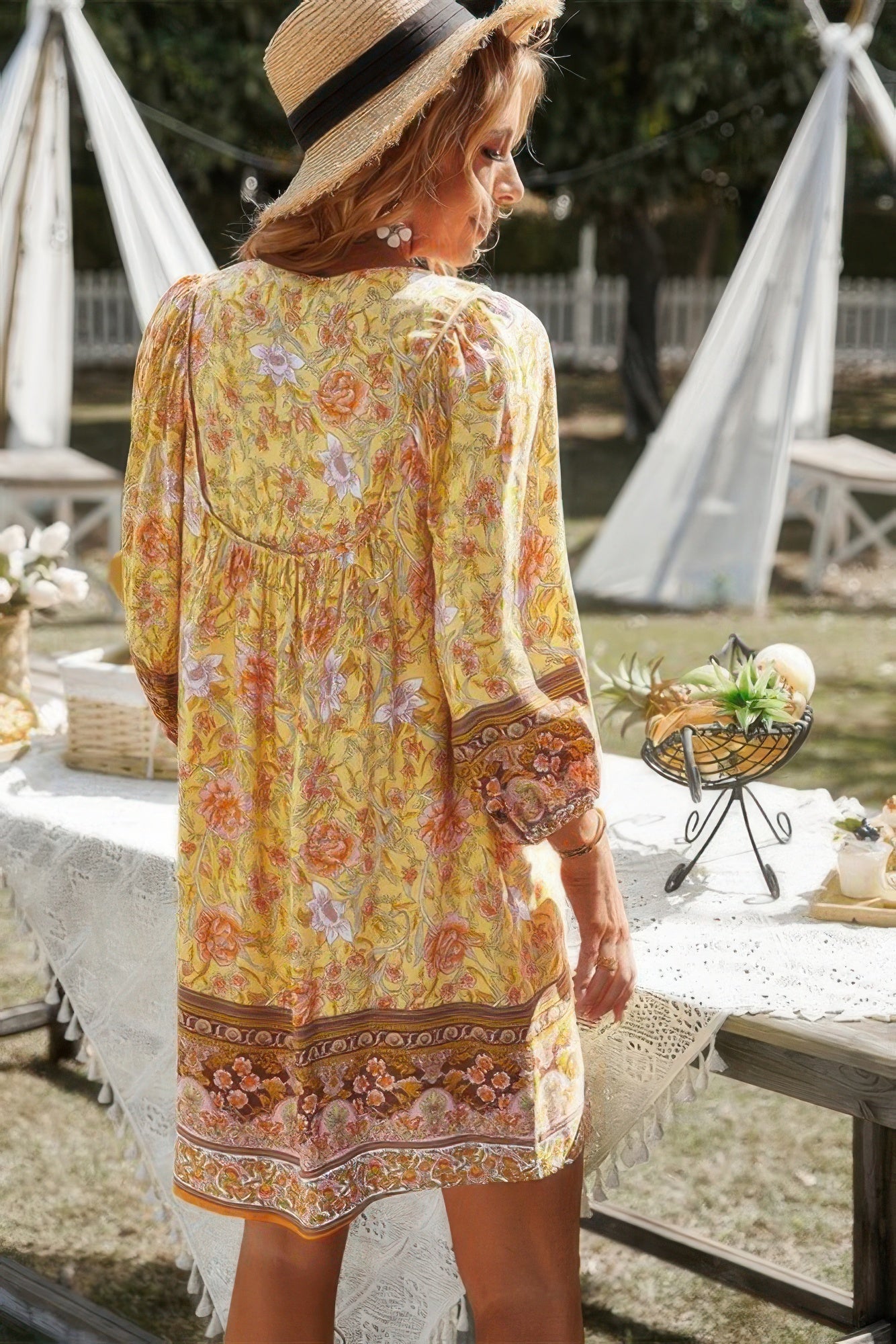 Floral V Neck Long Sleeve Boho A Line Dress - Tigbul's Variety Fashion Shop