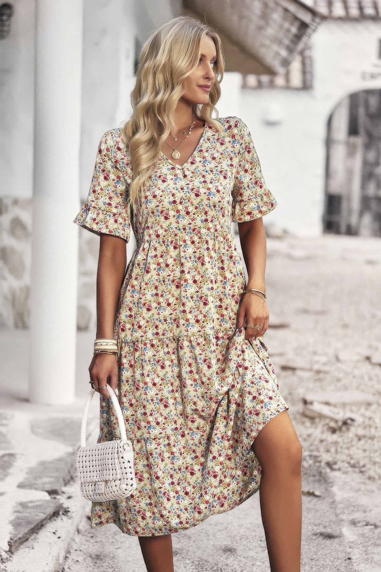 Boho Floral Ruffle Hem V Neck Short Sleeve Dress - Tigbul's Variety Fashion Shop