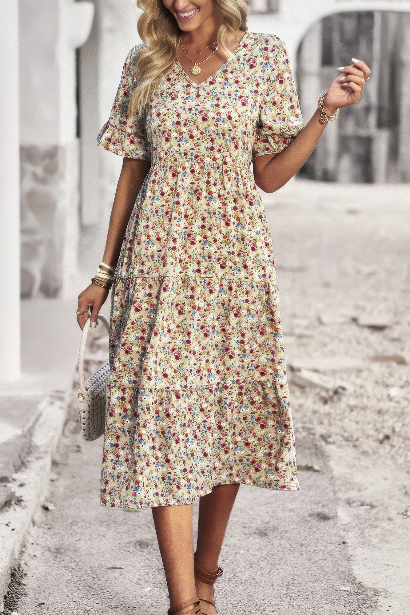 Boho Floral Ruffle Hem V Neck Short Sleeve Dress - Tigbul's Variety Fashion Shop