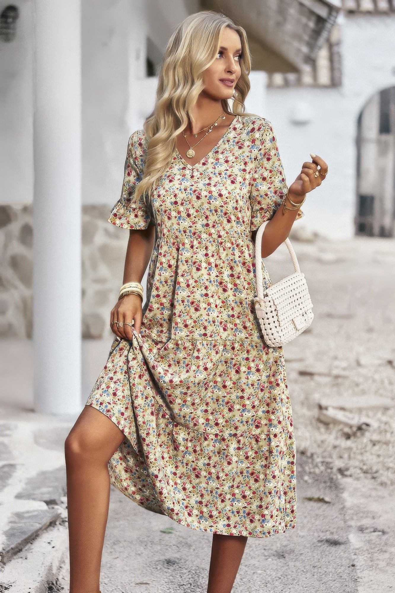 Boho Floral Ruffle Hem V Neck Short Sleeve Dress - Tigbul's Variety Fashion Shop