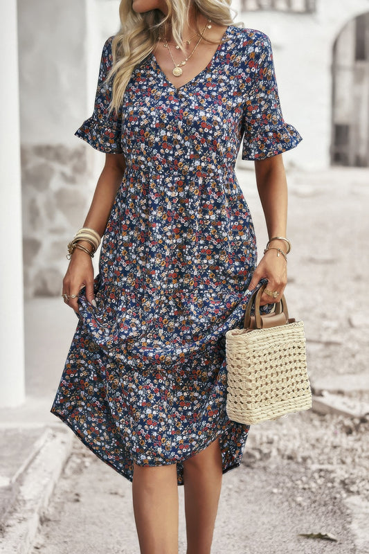 Boho Floral Ruffle Hem V Neck Short Sleeve Dress - Tigbul's Variety Fashion Shop