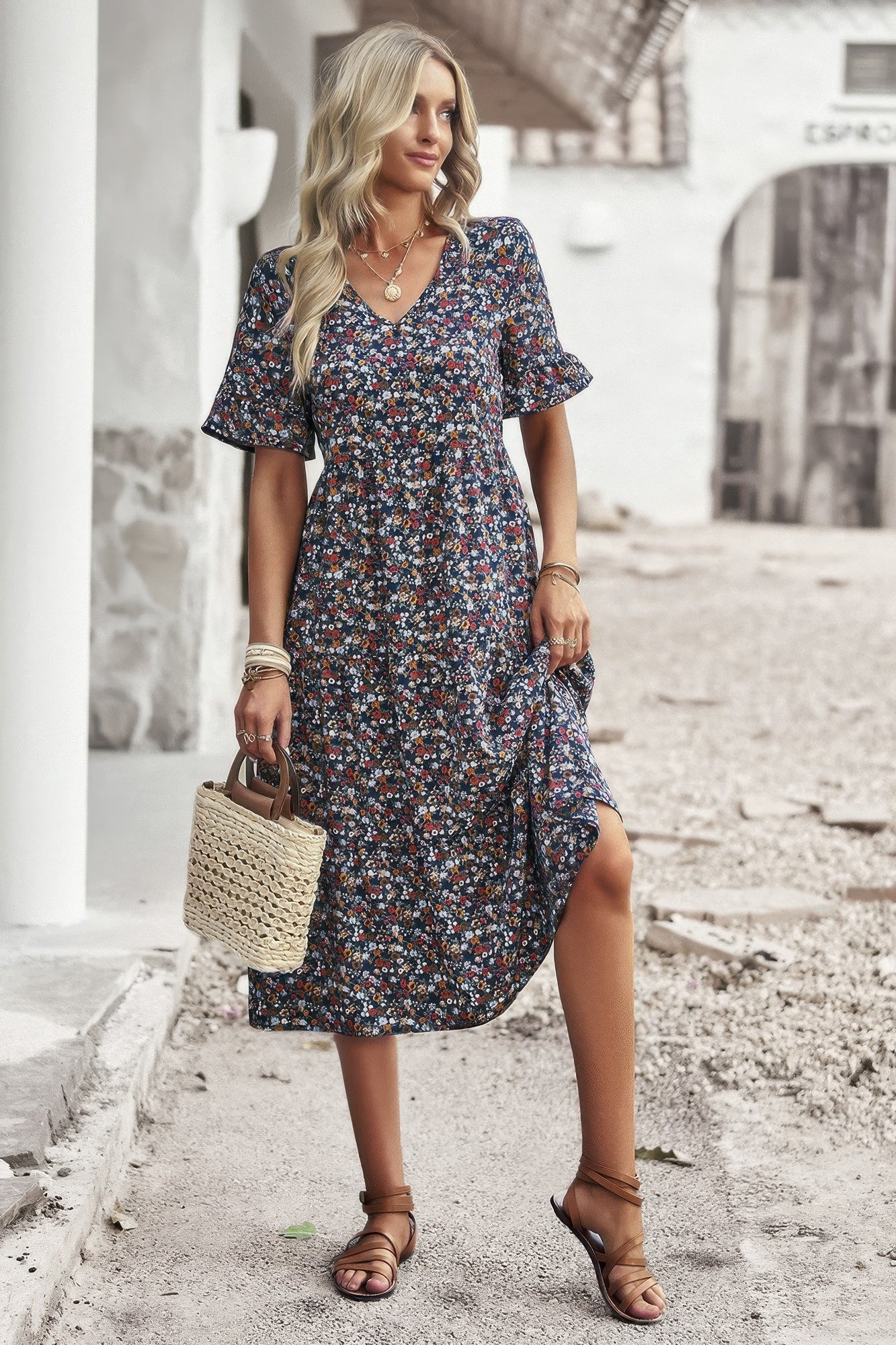 Boho Floral Ruffle Hem V Neck Short Sleeve Dress - Tigbul's Variety Fashion Shop