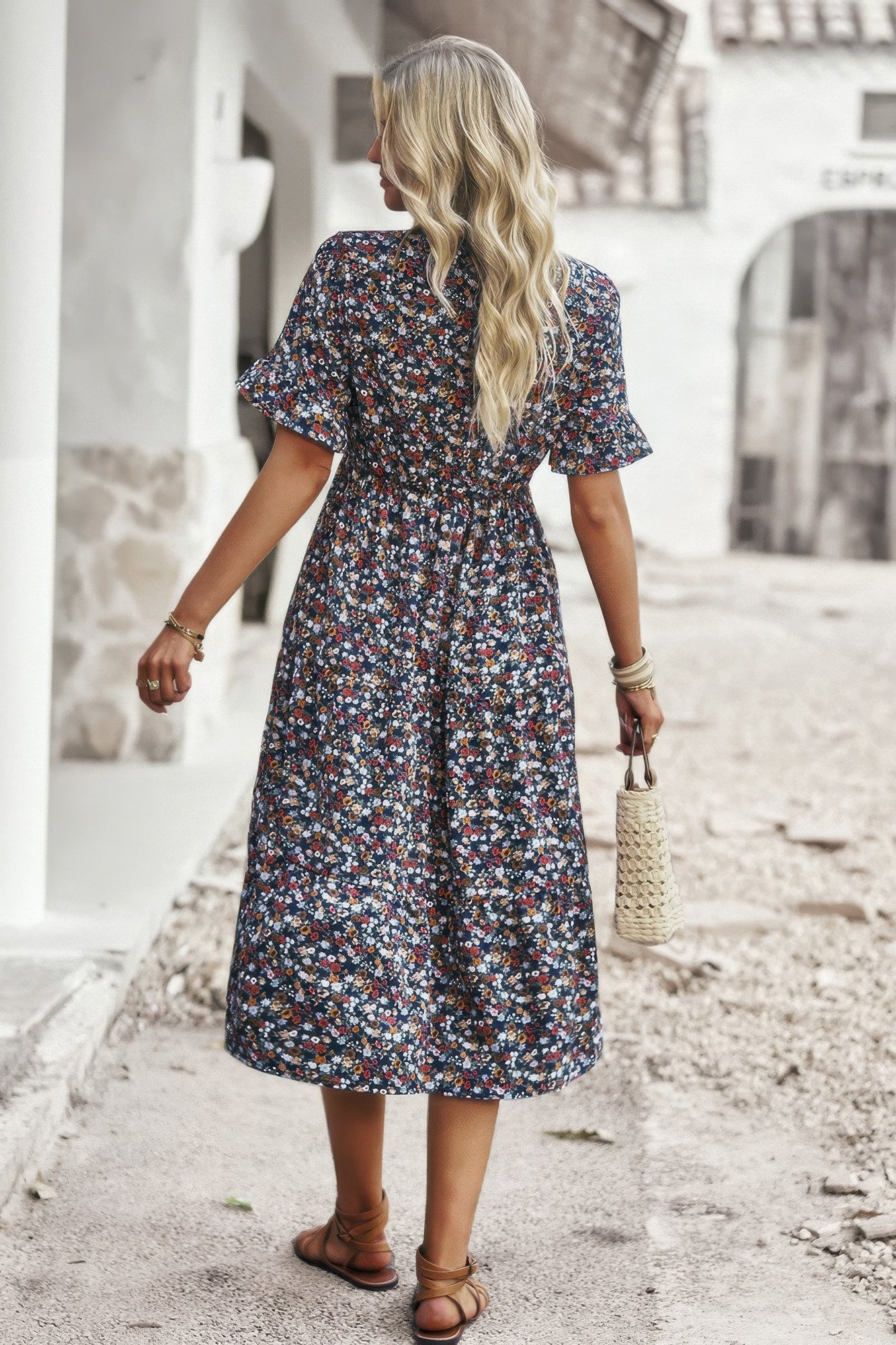 Boho Floral Ruffle Hem V Neck Short Sleeve Dress - Tigbul's Variety Fashion Shop