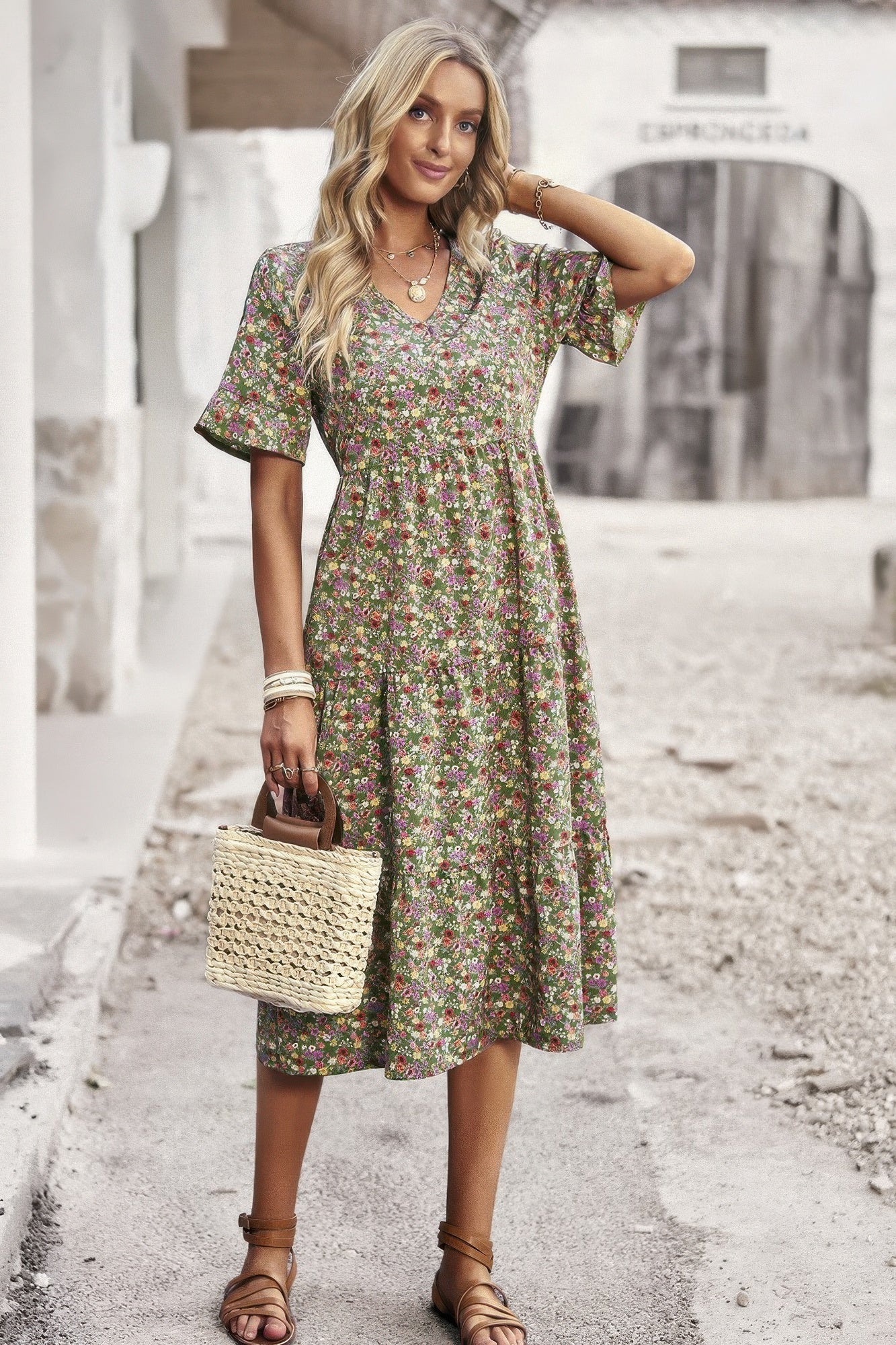 Boho Floral Ruffle Hem V Neck Short Sleeve Dress - Tigbul's Variety Fashion Shop