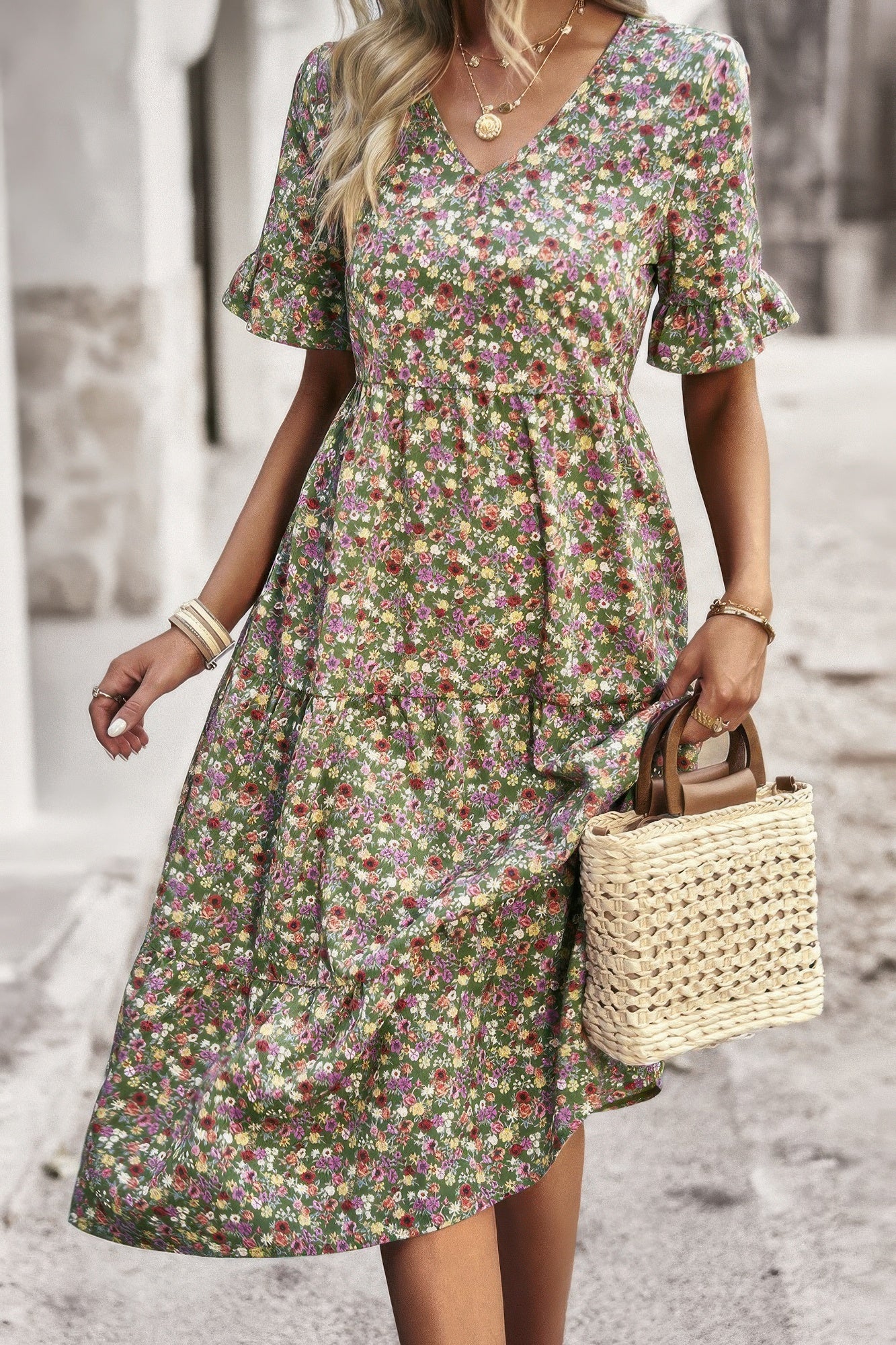 Boho Floral Ruffle Hem V Neck Short Sleeve Dress - Tigbul's Variety Fashion Shop