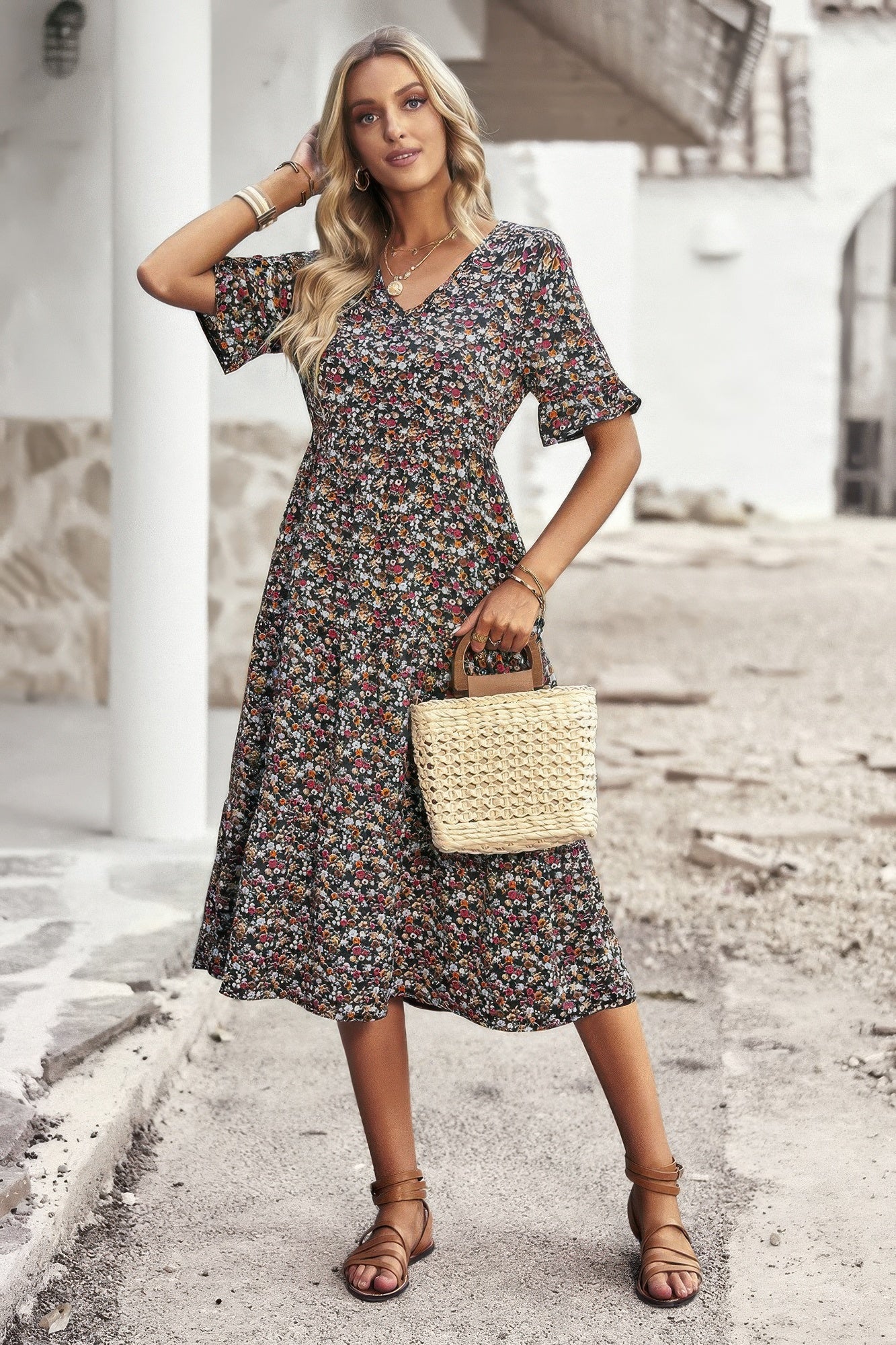 Boho Floral Ruffle Hem V Neck Short Sleeve Dress - Tigbul's Variety Fashion Shop