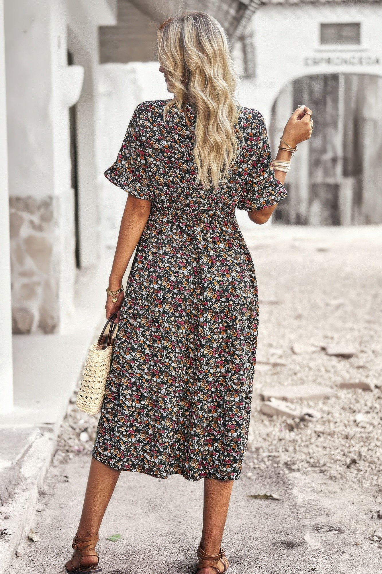 Boho Floral Ruffle Hem V Neck Short Sleeve Dress - Tigbul's Variety Fashion Shop