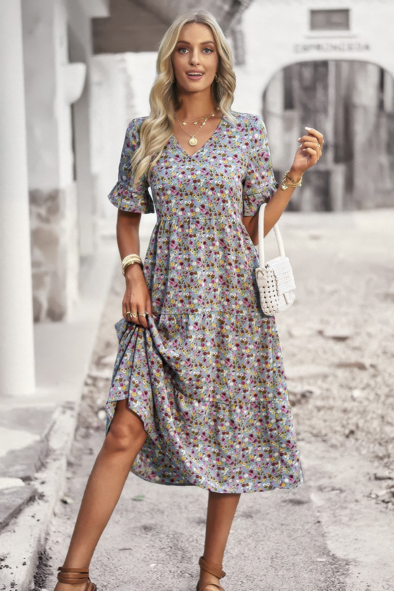 Boho Floral Ruffle Hem V Neck Short Sleeve Dress - Tigbul's Variety Fashion Shop