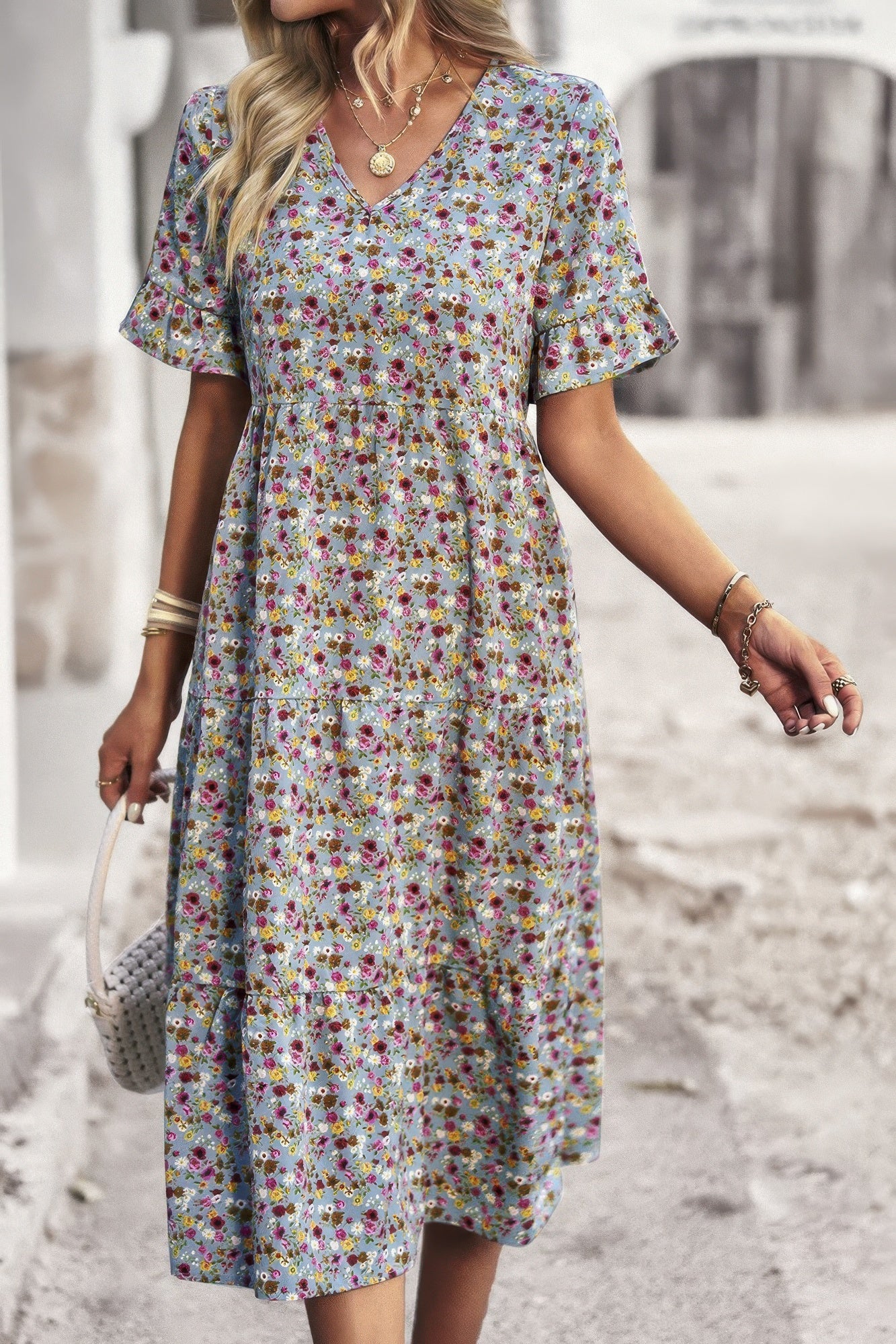 Boho Floral Ruffle Hem V Neck Short Sleeve Dress - Tigbul's Variety Fashion Shop