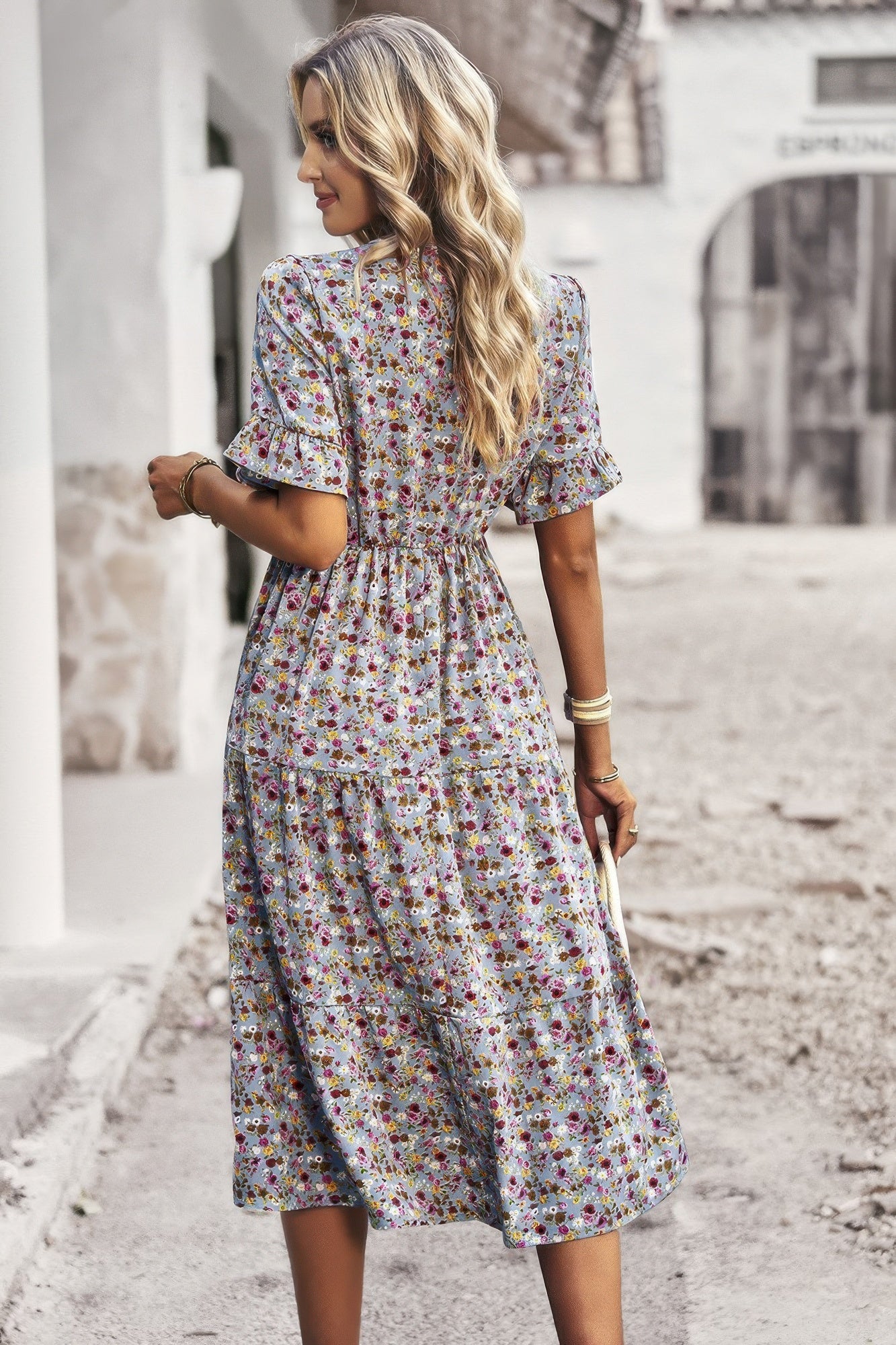 Boho Floral Ruffle Hem V Neck Short Sleeve Dress - Tigbul's Variety Fashion Shop